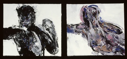 Nackter Mann und nackte Frau, zurückgelehnt mit ausgestrecktem Arm